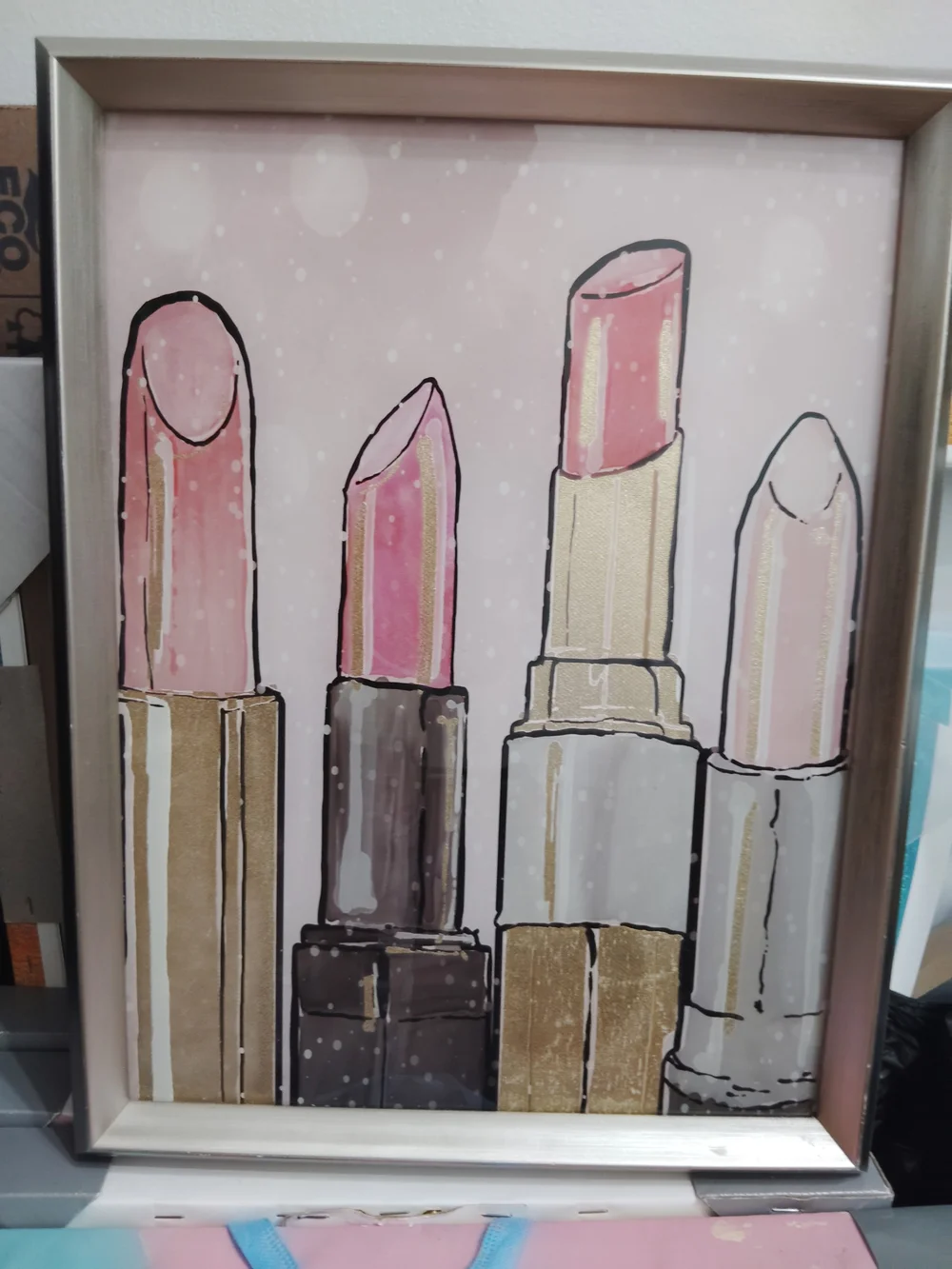 Vintage Lipstick Art Print in Pink, Gold, Silver 11.5 * 15.5 - Picture 1 of 2